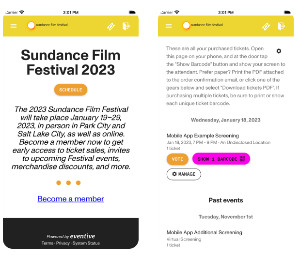 Sundance Film Festival 2023 app screenshots from Median.co examples