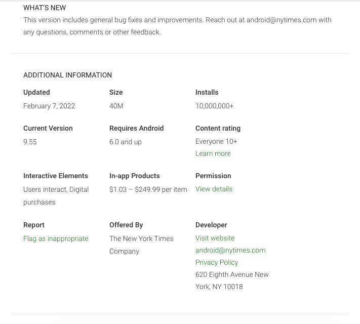 IMage showing details of the New York Times App in the Google Play Store.