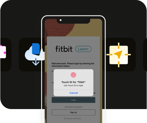 iPhone displaying a pop-up window in the Fitbit app, requesting Touch ID authentication during login.